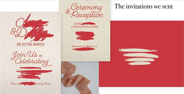 Wedding invitations showcasing elegant designs with red lettering and decorative elements.