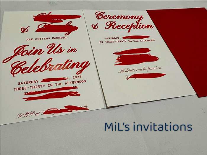 Red and white wedding invitations for a ceremony and reception, highlighting MiL expectations.