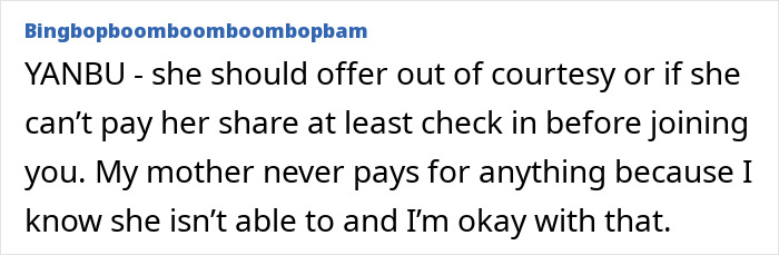 Comment on etiquette about MIL's wallet, discussing paying for outings. Comment on etiquette about MIL's wallet, discussing paying for outings.