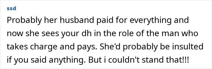 Text comment on perception of MIL's wallet presence at bill time. Text comment on perception of MIL's wallet presence at bill time.