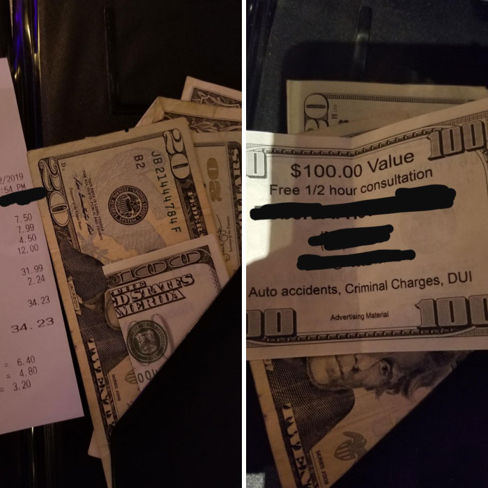 Receipt with cash next to fake $100 consultation coupon; example of mildly infuriating server tips scenario.