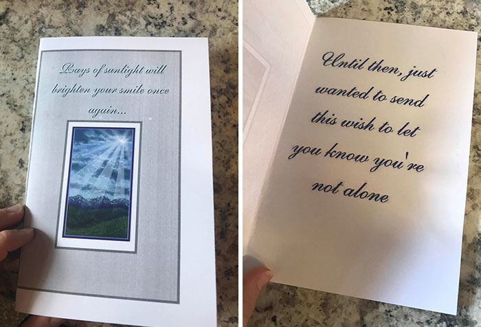 Greeting card with scenic image and message about not being alone, linked to mildly infuriating server tips.