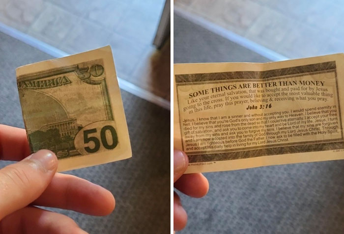 Mildly infuriating server tip showing fake fifty-dollar bill with a religious message on the back.