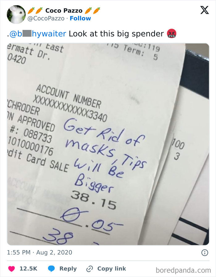 Receipt with a note blaming low tips on masks, relating to mildly infuriating server tips.
