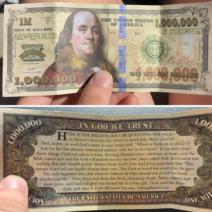 A fake one million dollar bill with text, illustrating mildly infuriating server tips.