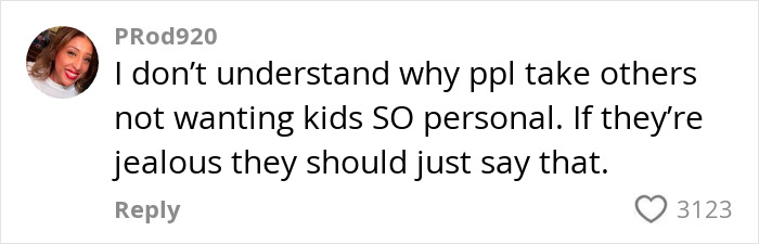 Comment on a child-free lifestyle choice with 3123 likes.