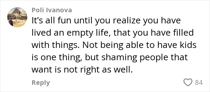 Comment on selfish millennial facing backlash for choosing child-free life.