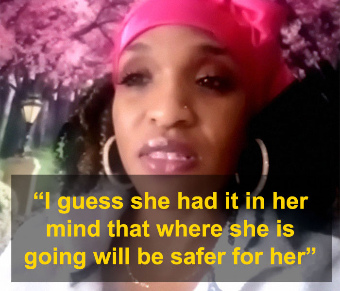 Woman discussing runaway girl found using fake name, quote visible.