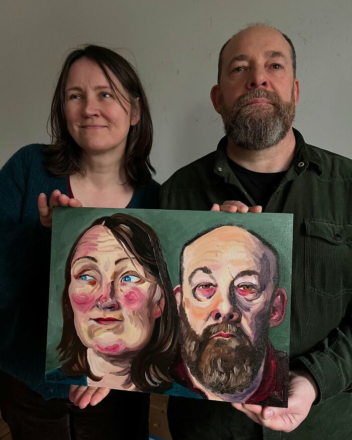 British artist displays an expressive portrait painting of two individuals, capturing vivid emotions, held by a woman and man.