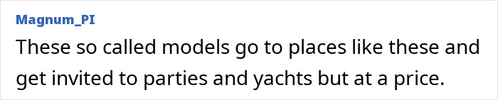 Comment about models in Dubai, highlighting risks faced at parties and yachts.