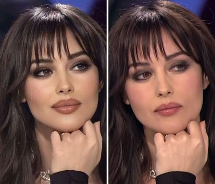 Images with intense edits of a woman with dark hair and makeup, sparking discussion about the alterations.