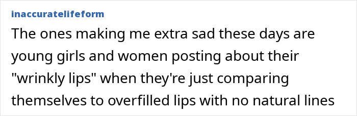 Text on photo discussing comparison of natural lips to overfilled lips, sparking outrage about unrealistic beauty standards.