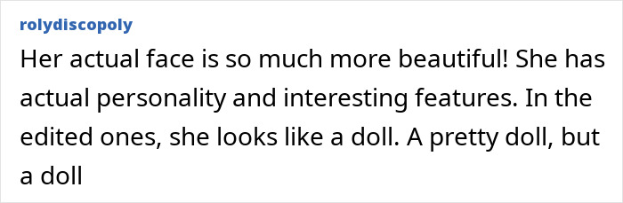 Comment discussing Monica Belluci's edited photos, noting her true beauty and personality compared to doll-like edits.