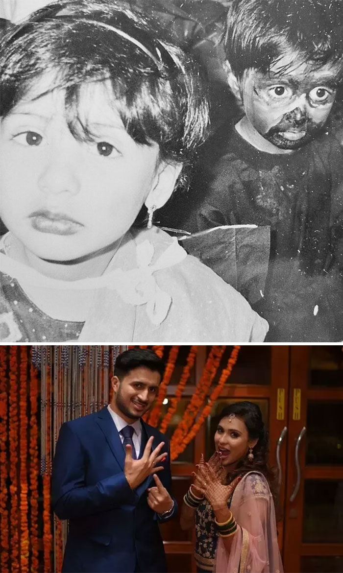 Children in black-and-white photo and couple at wedding celebrating a crazy coincidence.