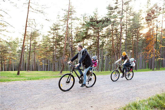 Family biking through a forest, experiencing a memorable coincidence on a picturesque trail.