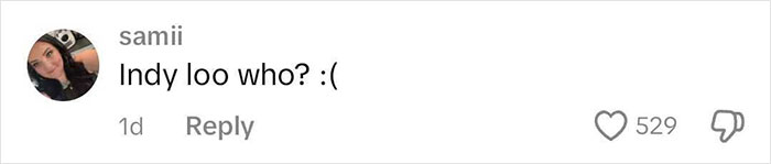 Comment referring to rhinoplasty results, saying "Indy loo who?" with heart and dislike reactions below.