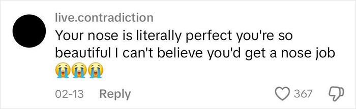 A comment praises a woman's appearance, questioning her rhinoplasty decision, amid online discussions about cosmetic surgery.