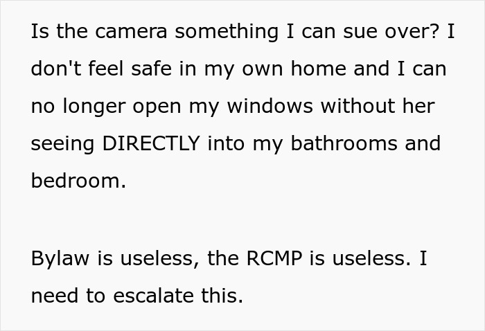 Text about a neighbor pointing cameras causing privacy concerns at home. Text about a neighbor pointing cameras causing privacy concerns at home.