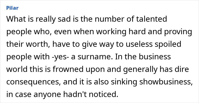 Text critique on Nepo babies in show business, highlighting unfair industry dynamics. Text critique on Nepo babies in show business, highlighting unfair industry dynamics.