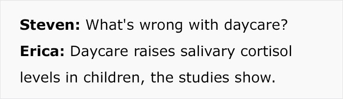 Text exchange about daycare's effect on children's cortisol levels.