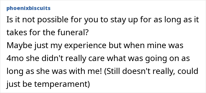 Text exchange discussing balancing baby's health and attending a funeral.