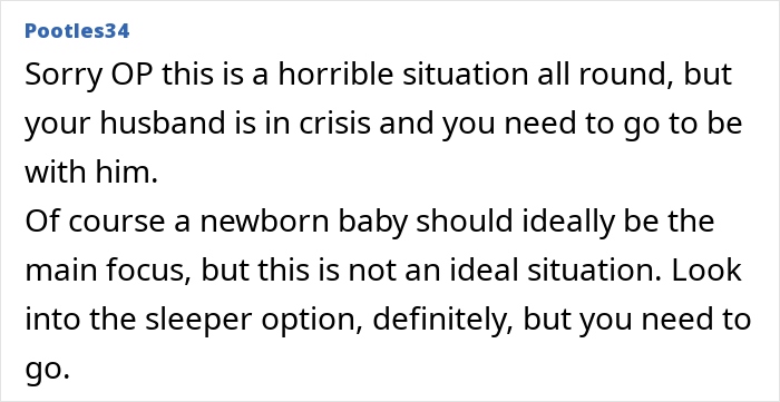 Text discussion about prioritizing baby's health over attending MIL's funeral.