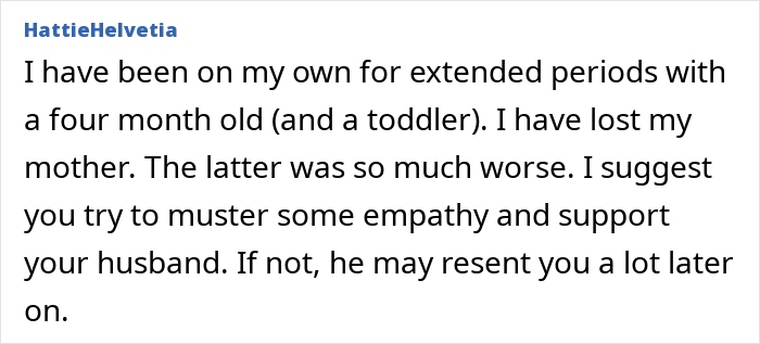 Text comment debating priorities between a spouse and baby's health amidst a family funeral.