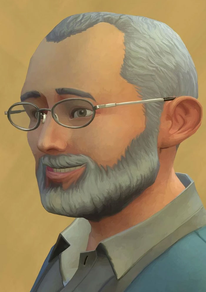 Illustration of a smiling man with glasses and a beard, resembling a character from a story about mom groups and cults.