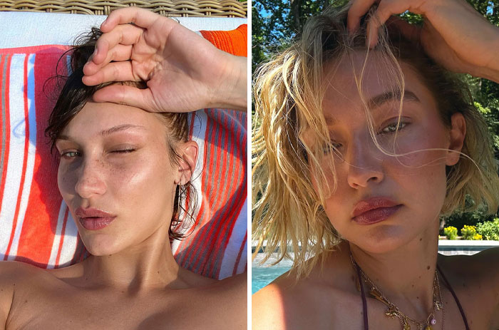 Two women in outdoor selfies, with one lying on a striped towel and the other posing with hand in hair. Not-Self-Made-Celebs.
