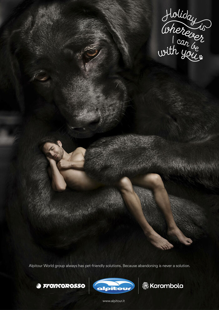 Man embraced by a large dog, showcasing unforgettable canine connection in a heartwarming campaign.