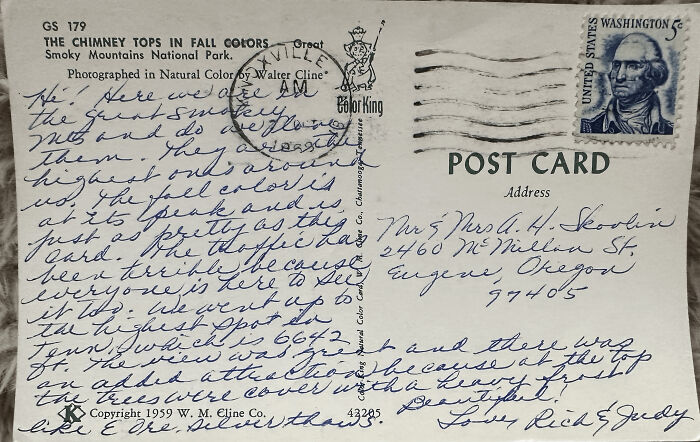 Vintage postcard with handwritten message, featuring a U.S. postage stamp and postmark from Nashville, TN, 1959.