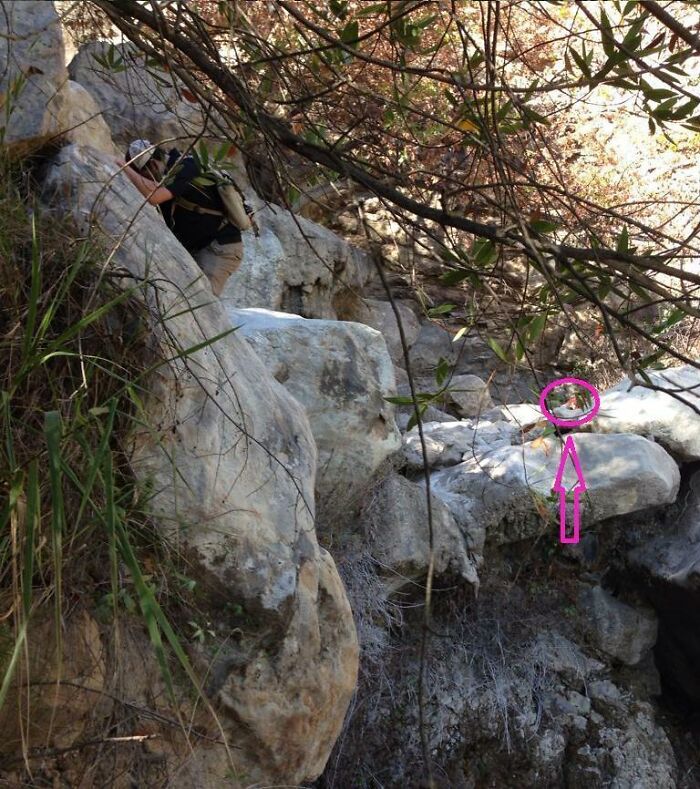 Climber scaling rocky terrain; eerie presence in background indicated by pink arrow, highlighting creepy photo element.