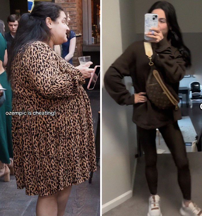 Woman showing Ozempic transformation; before in leopard print dress, after in mirror selfie wearing brown outfit.