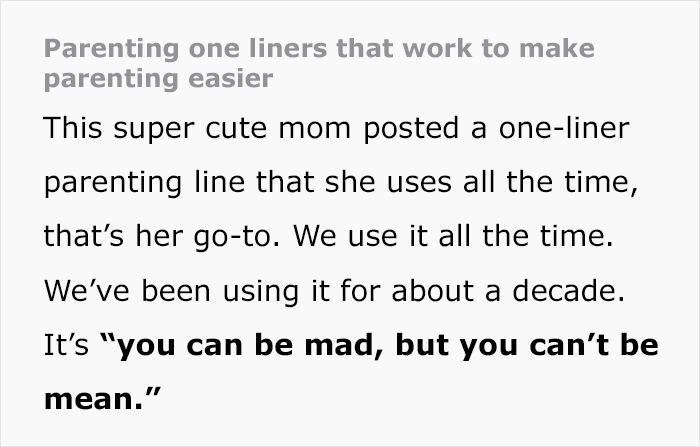 Text about parenting one-liners for easier communication with children, featuring "you can be mad, but you can't be mean. Text about parenting one-liners for easier communication with children, featuring "you can be mad, but you can't be mean.