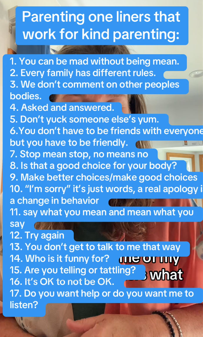 17 parenting one-liners for easier communication with kids, overlayed on a photo of a person with long hair in a casual setting. 17 parenting one-liners for easier communication with kids, overlayed on a photo of a person with long hair in a casual setting.