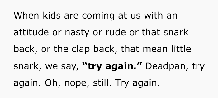 Text about effective parenting one-liner: 'try again' for addressing kids' attitude or snark. Text about effective parenting one-liner: 'try again' for addressing kids' attitude or snark.