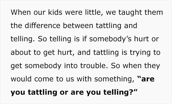 Text discussing parenting one-liners about tattling versus telling for easier communication with kids. Text discussing parenting one-liners about tattling versus telling for easier communication with kids.