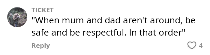 Parenting one-liner about safety and respect displayed in a comment box. Parenting one-liner about safety and respect displayed in a comment box.