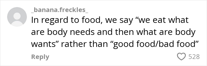Social media comment emphasizing parenting one-liner about food choices, highlighting needs over labeling <a target=