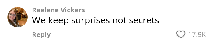 Parenting tip displayed: "We keep surprises not secrets," with 17.9K likes. Parenting tip displayed: "We keep surprises not secrets," with 17.9K likes.