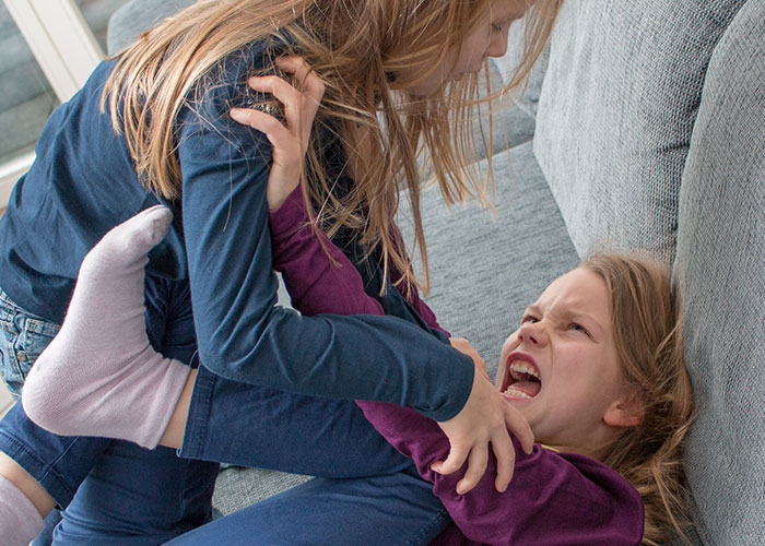 Two children on a couch playfully wrestling, illustrating challenges in parenting communication. Two children on a couch playfully wrestling, illustrating challenges in parenting communication.
