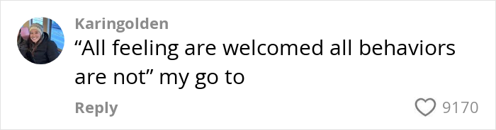 Comment from Karingolden on parenting one-liner about feelings and behaviors, with 9170 likes. Comment from Karingolden on parenting one-liner about feelings and behaviors, with 9170 likes.