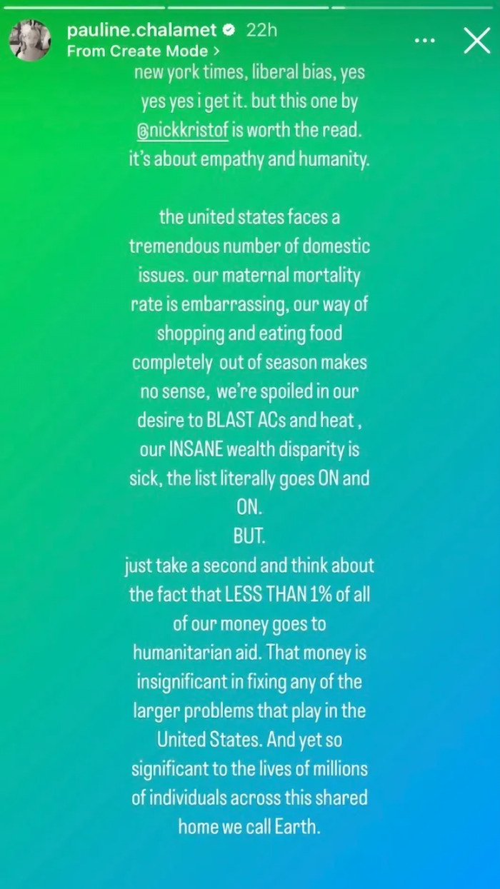 Text post from Timoth&eacute;e Chalamet's sister discussing domestic issues and wealth disparity in the U.S.