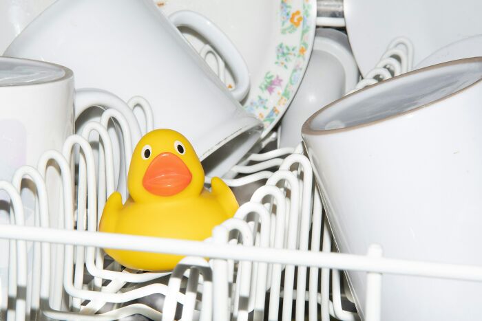 Yellow rubber duck in dishwasher among dishes, symbolizing frugal hacks gone wrong.
