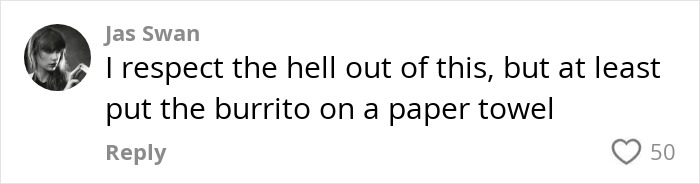 Comment on Benny Blanco's shower habit, suggesting using a paper towel for a burrito, with 50 likes.