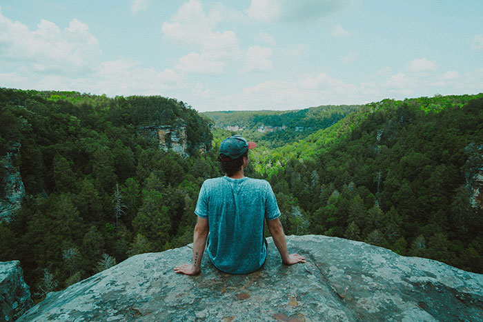 A person sitting on a cliff overlooks a lush valley, symbolizing life advice from older people to the younger generation.