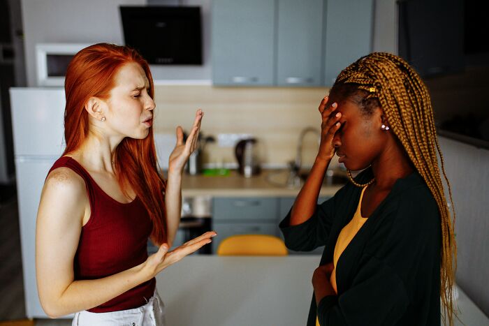 Two women in a heated discussion in a kitchen, illustrating reasons people decide to not have children.