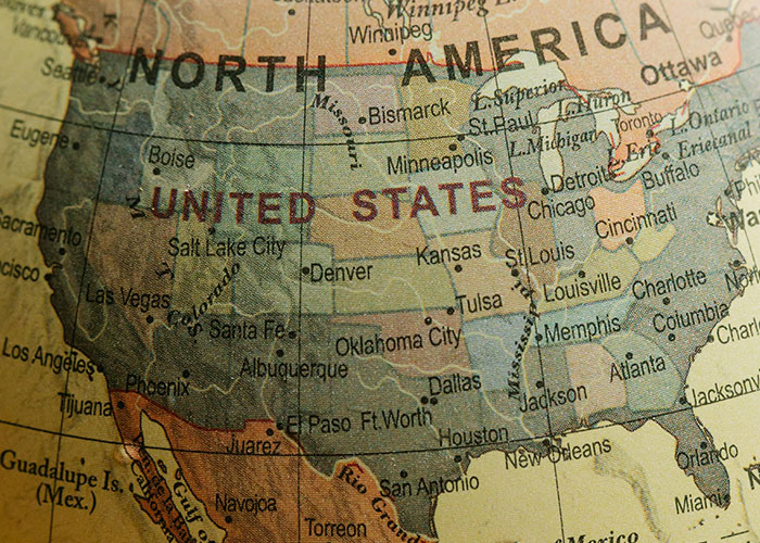 United States map section showing cities like Los Angeles, Denver, and Chicago.