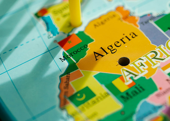 Map highlighting Algeria with nearby countries, focusing on humor and country stereotypes.