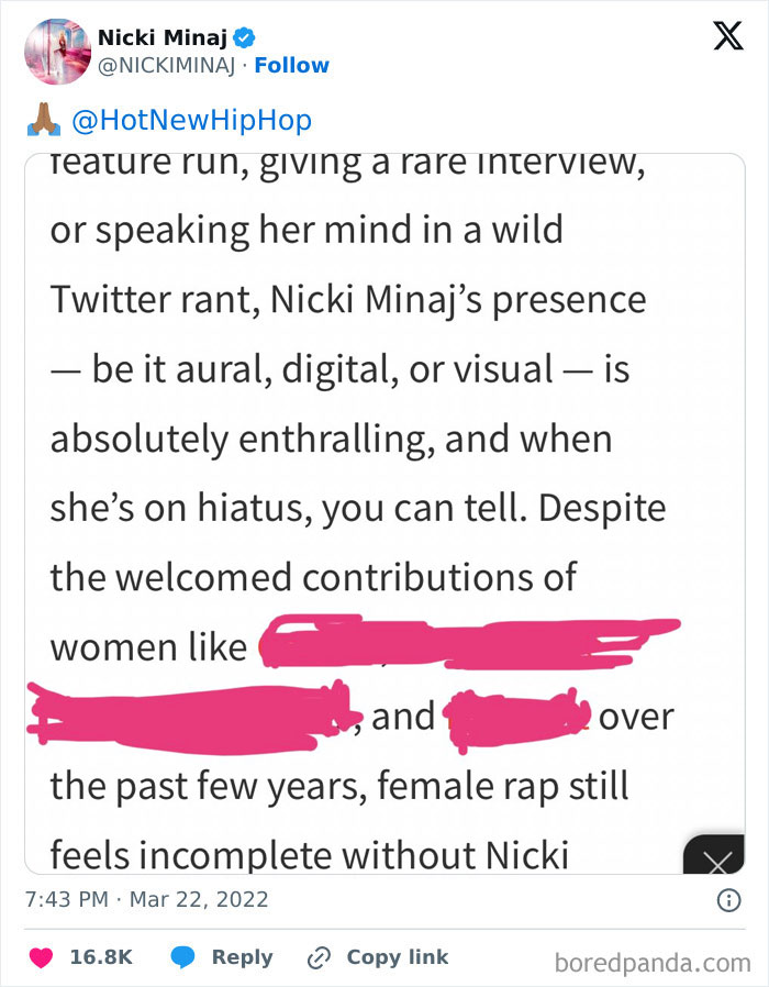 Nicki Minaj tweet highlights her impact on female rap culture and presence online.
